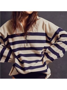 Free People Coastal Stripe Pullover in Champagne Navy - Blue Combo - Small